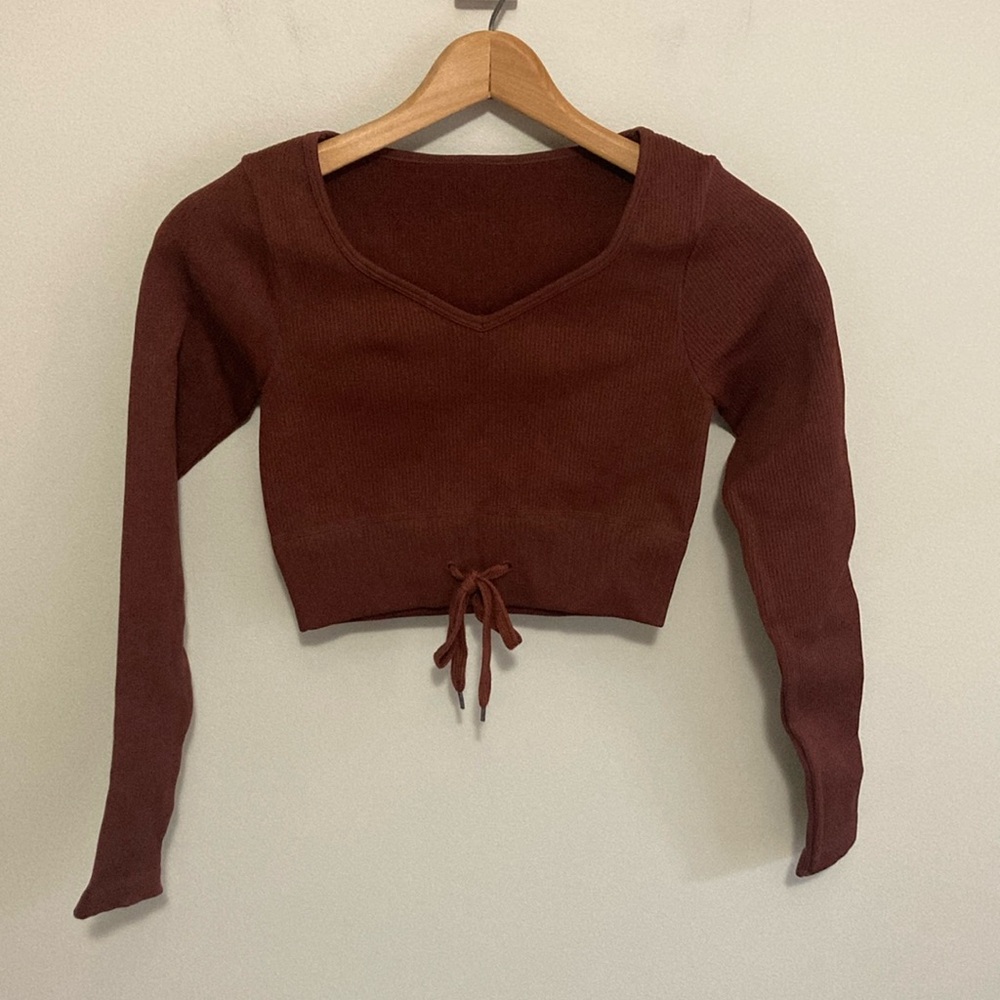 Chic Brown Long Sleeve Ribbed Crop Top, Size small, tie on waistband